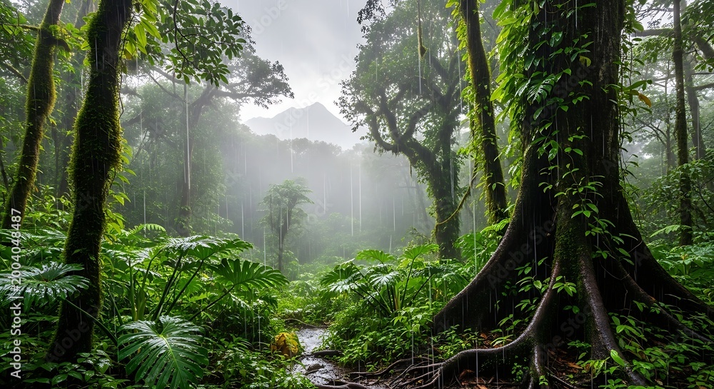 Obraz premium Misty forest with trees and green foliage