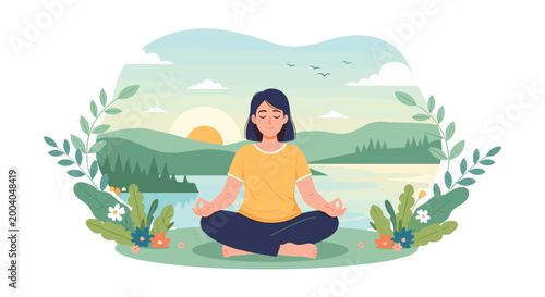 Woman meditating in a serene natural setting with flowers and lake, Generative AI.