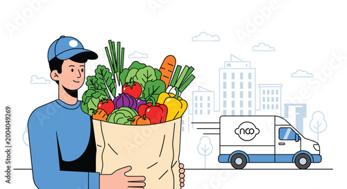 Delivery man holding a bag of fresh vegetables and fruits with a delivery truck in the background, Generative AI.