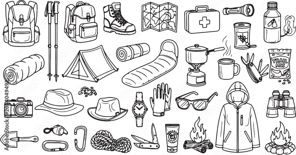 Fototapeta premium camping and hiking essentials flat design vector illustration set
