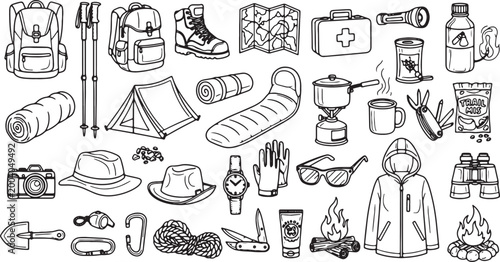 camping and hiking essentials flat design vector illustration set