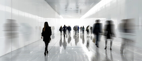 Blurred silhouettes of people walking through a bright minimal interior corridor. Wide angle editorial scene showing motion, anonymity, modern public space, and urban daily life.