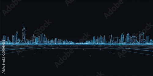 Abstract blue city background with an equalizer design featuring a night urban skyline illustration of architectural buildings and skyscraper silhouettes