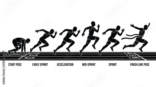 Set of running athlete silhouettes showing different stages of a sprint race, from starting block to crossing the finish line