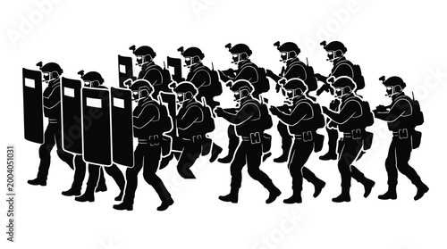 Obraz na płótnie Silhouette of a swat team moving in a tactical formation with riot shields, vect
