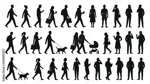 Set of people silhouettes walking, standing, talking on phone, carrying bags, walking with dog and baby stroller