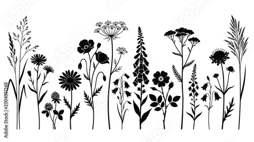 Set of wild flowers and herbs silhouettes hand drawn vector illustration of meadow plants and floral elements for design