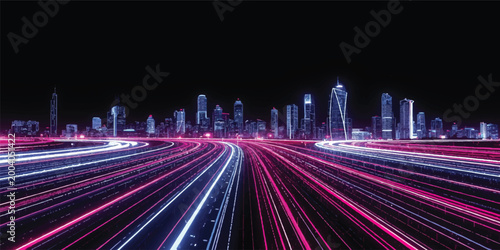 Sticker Abstract night city lights and blurry traffic motion create a colorful backgroun
