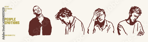 Sad people stressed tired emotional states set. Figures showing fatigue, worry and mental pressure in various poses. Illustrations for mental health topics and storytelling in hand drawn sketch style.
