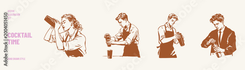 Bartender mixing cocktail shaker drink preparation set. People making beverages with tools and pouring into glass. Illustrations for bar menu and nightlife design in hand drawn sketch style.