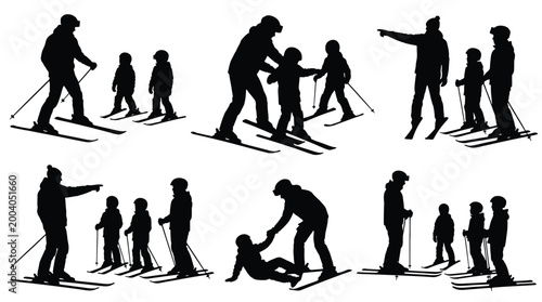 Принти на полотні Silhouettes of ski instructors teaching children to ski