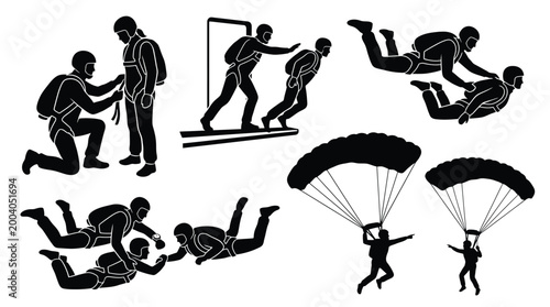 Εκτύπωση καμβά Set of silhouettes of skydivers and parachutists, tandem jump, preparation and l