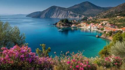 Breathtaking coastal view with vibrant flowers in the foreground. This image captures serene waters and distant mountains. Perfect for travel and nature themes. AI