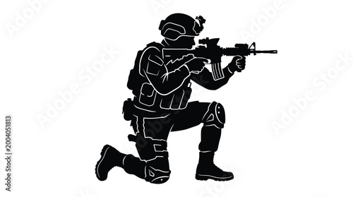 Silhouette of a soldier in tactical gear kneeling and aiming a rifle, military combat concept, special forces operator in combat stance, vector illustration