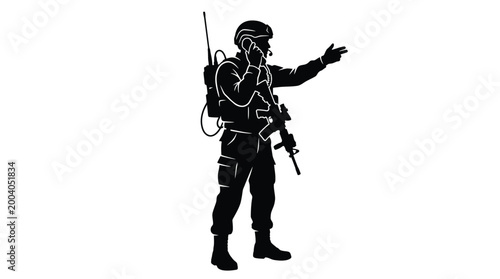 Silhouette of a soldier in full tactical gear with a rifle, standing and talking on a radio handset while pointing forward