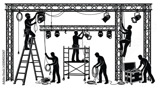 Silhouettes of stage technicians working on lighting equipment and rigging on a truss system