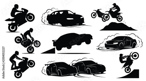 Tableau sur toile Set of silhouettes of extreme sports, motorcycles and cars performing stunts, dr