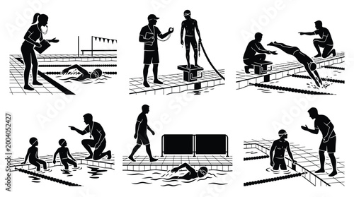 Swimming coach training athletes in pool, set of black silhouettes professional instructor teaching children and adults swimming techniques, giving instructions and monitoring performance at poolside