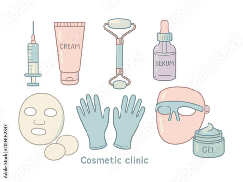 Vector Cosmetic clinic essentials: cream, serum, masks, gloves, and tools for skincare treatments