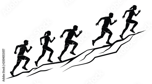 Billede på lærred Silhouettes of diverse men and women running uphill on a mountain path, represen