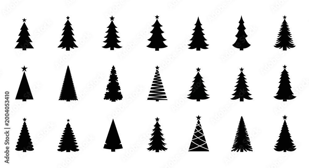 Obraz premium Black christmas trees silhouettes on white background for holiday decorations and symbols