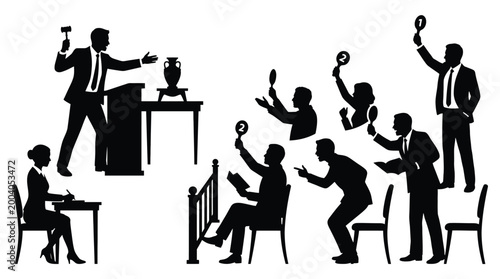 Tableau sur toile Auctioneer with gavel and bidders with paddles at an auction house, silhouette i