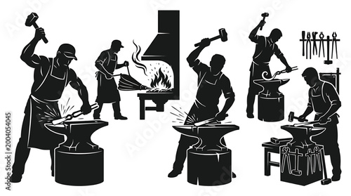 Obraz na plátne Blacksmith workshop silhouette set with smithy characters working at forge and a