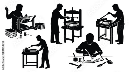 Photos Set of silhouettes of a bookbinder working on the process of bookbinding, includ