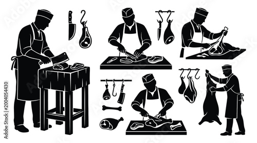 Foto Set of butcher silhouettes professional butcher cutting meat on a wooden table,