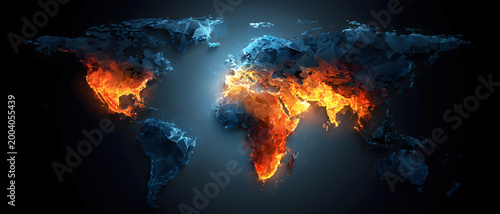 Dramatic abstract world map with fiery orange and icy blue tones, symbolizing global warming, climate crisis, and environmental danger.