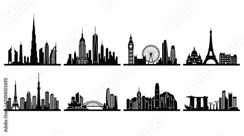 Foto Set of famous city skylines silhouettes including dubai, new york, london, paris
