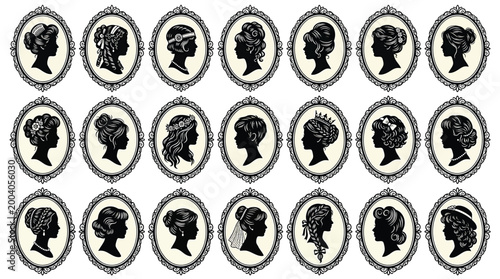 Tableau sur toile Set of vintage cameo silhouettes of women with various hairstyles in ornate oval