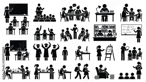 Fényképezés Set of stick figure icons representing students, teachers, classroom activities,