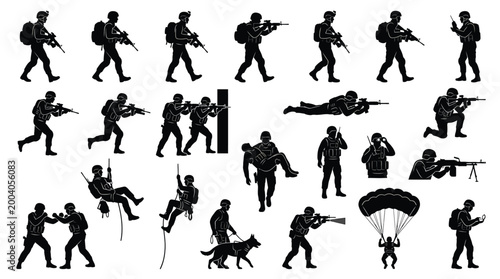 Fotografija Set of military soldiers silhouettes in various action poses, combat, tactical m