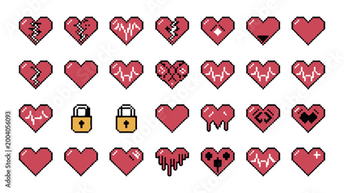 Set of pixel art heart icons representing different emotions and health status including broken hearts and locked hearts for video game design and digital interface elements