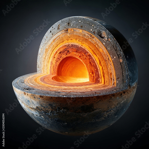 Cutaway model of Earth showing glowing molten core and geological layers, creating a dramatic science concept about planetary structure.