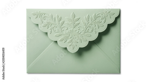 Light green paper envelope with an ornate embossed floral pattern on the flap, white background