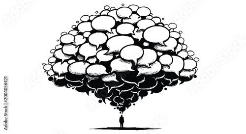 Obraz na plátne Silhouette of person below cloud of many speech bubbles, concept of communication overload, overwhelming thoughts and ideas