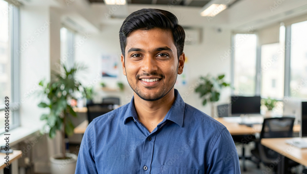 Fototapeta premium Smiling man standing in office space with desks and computers