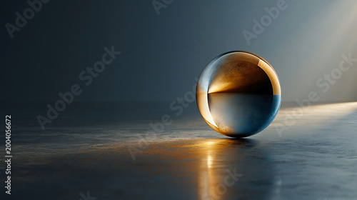 Minimal still life of a glass sphere on a reflective surface, illuminated by dramatic warm light against a calm blue background.