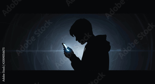 Foto Silhouette of young person looking at glowing smartphone screen in dark room