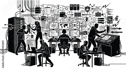 Cuadro en lienzo Cybersecurity team working in a hightech operations center, monitoring network s