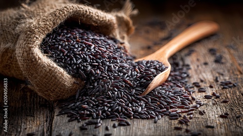 A burlap sack of black rice spills onto a wooden table with a wooden spoon
