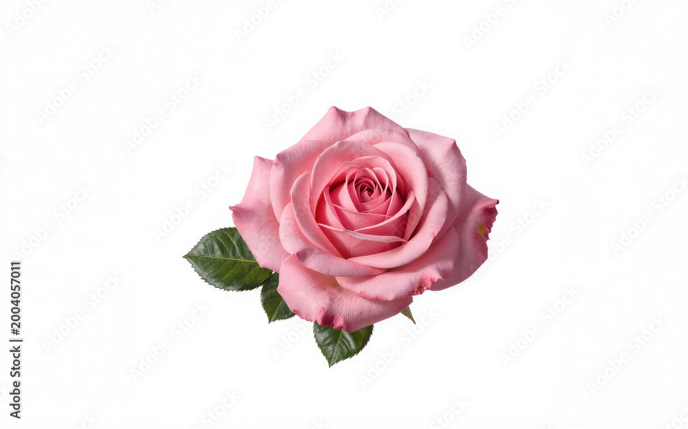 Naklejka premium Pink rose with green leaves against a clean white background.