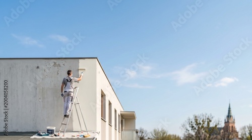 Man painting the exterior wall of a house with clear blue sky space