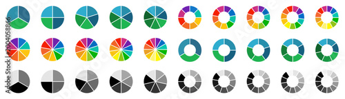Circle pie chart icons. Pie charts diagram. Colorful diagram. Set of different color circles isolated. Pie chart for data analysis, business presentation, UI, web design. Vector illustration