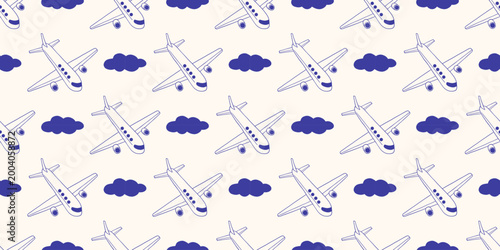 Vector seamless pattern with hand drawn outline monochrome doodle blue mediterranean navy airplane flying among cloud. Travel trip background design. Wrapping paper, textile print, holiday sky decor.
