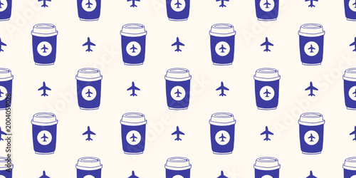 Vector seamless pattern of blue hand drawn outline monochrome doodle takeaway coffee cup with airplane icon background. Cozy mediterranean navy airport drink print design for cafe and travel decor.