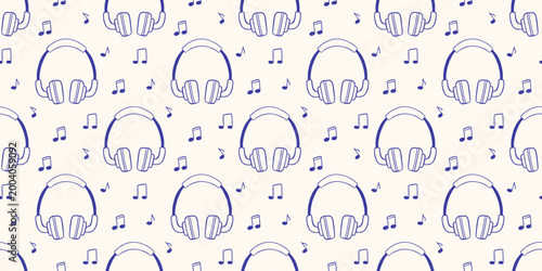 Vector seamless pattern of blue hand drawn outline monochrome doodle ear headphone with music notes. Playful mediterranean navy audio background print design for travel accessories, playlist decor.