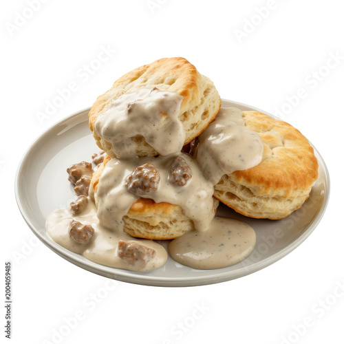 Savory biscuits topped with creamy sausage gravy on a plate isolated on a white background